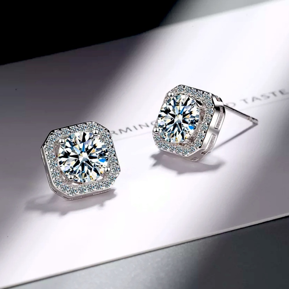 π Sterling Silver Diamond Stud Earrings - Picture 1 of 4